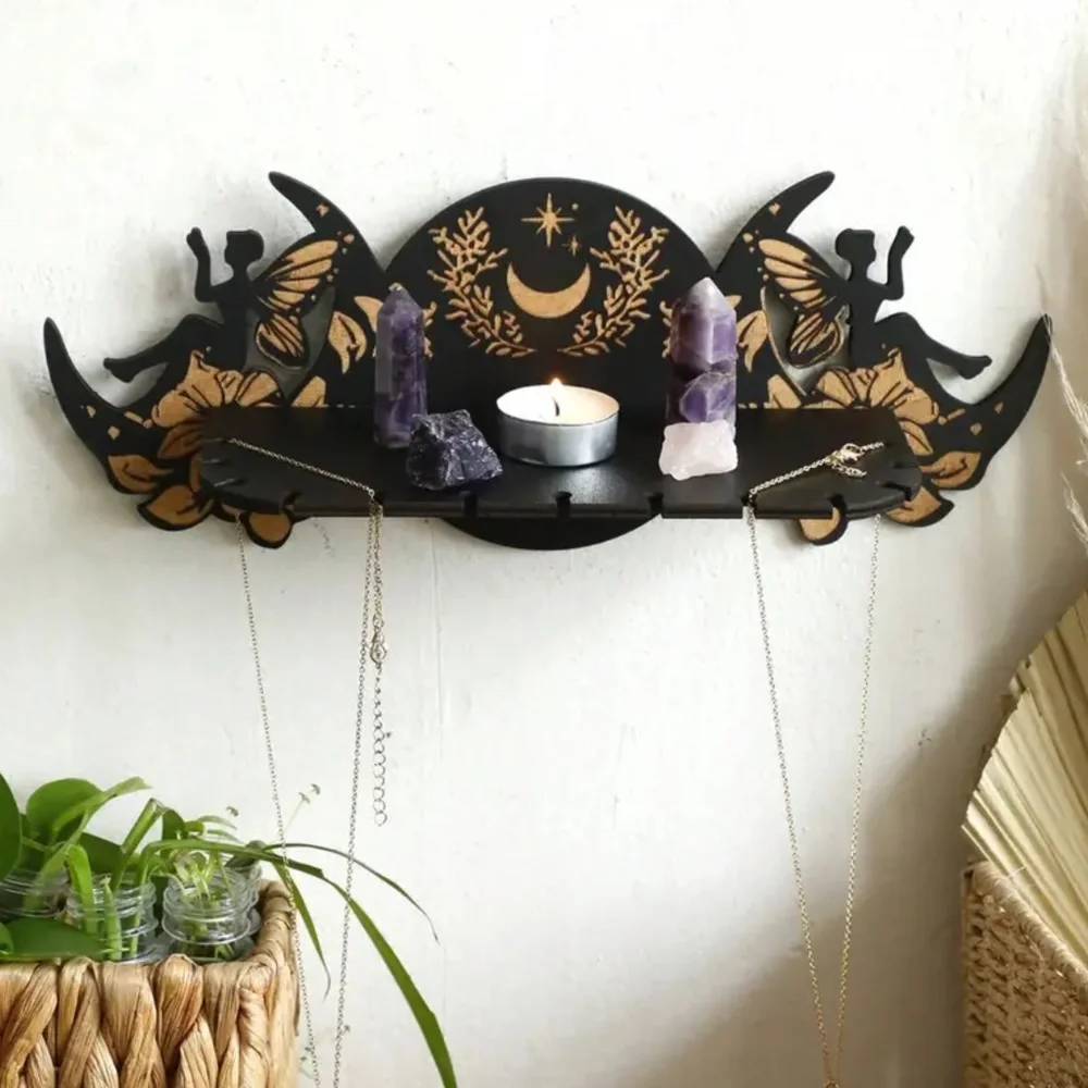 NEW! Double Fairy with the Moon Crystal & Gemstone Wall Mounted Display Shelf!